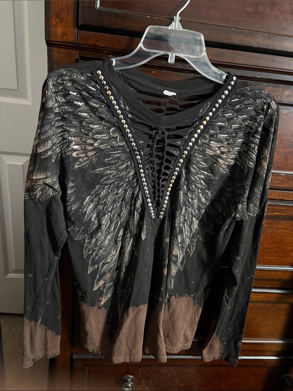 Affliction Black Long Sleeve Stud-Trim Feather Wing Top with Brown Dip-Dye Hem